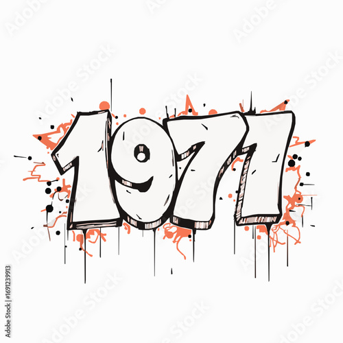 Graffiti art year 1971 in white with orange splatters and drips on a white background urban street art
