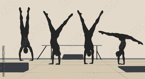 Dynamic sequence of a gymnast's silhouette performing various handstand and acrobatic poses, presented as a vector illustration set