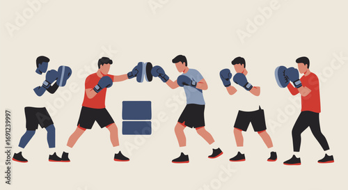 Boxing Training Illustration Athletes Practicing Punches with Mitts