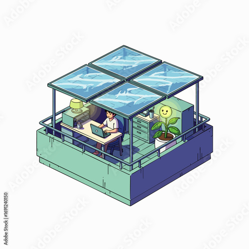An innovative individual works diligently in a modern, eco-friendly balcony office, leveraging solar power and smart technology for sustainable remote productivity.