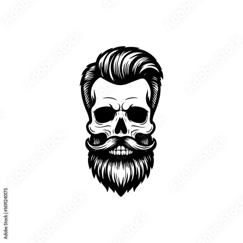 Illustration of bearded skull isolated on white background. Barbers skull. Design element for logo, sign, poster, emblem. Vector illustration