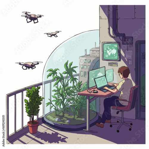 A modern professional works efficiently from a sustainable, tech-integrated balcony office, surrounded by biophilic elements and monitored by futuristic drones.