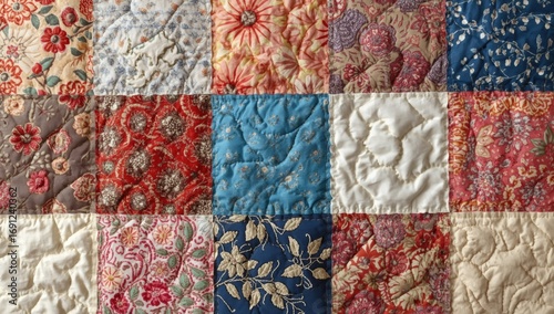 handmade patchwork quilt crafted from vintage textured fabric patches with ornamental patterns