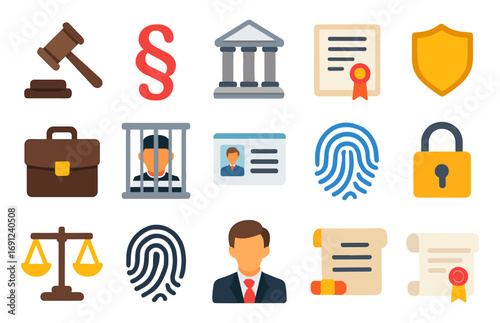 Legal and security icons set featuring flat design with justice, law, and protection elements