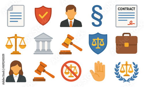 Legal and justice icons set featuring scales, gavel, and contract symbols in flat style