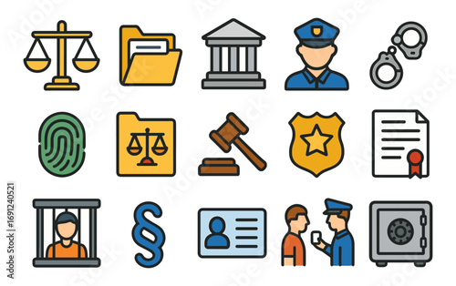 Colorful legal and law enforcement icons collection for modern infographics