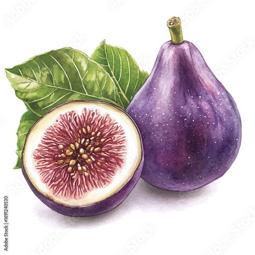 Fig, watercolor illustration vector, isolated on a white background.
