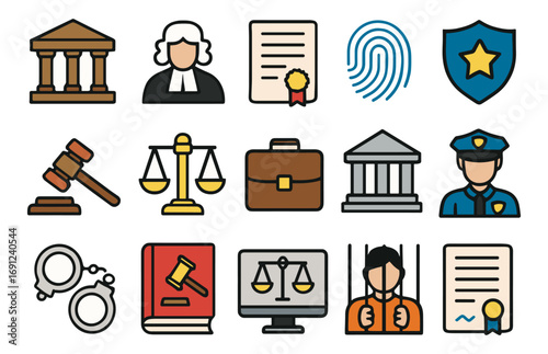 Legal and justice icons collection featuring judges, lawyers, and law enforcement symbols