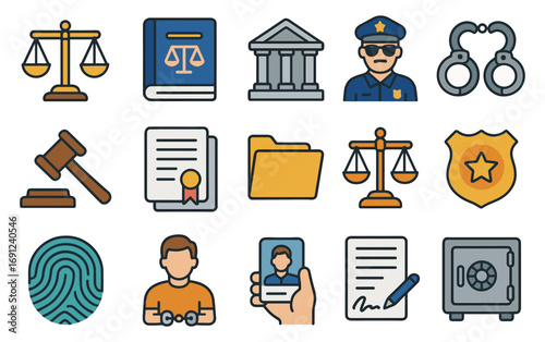 Legal and justice icons featuring courtroom, police, and security elements in flat style