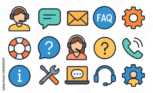 Customer service icons set: faq, chat, support, tools, gear, linear style