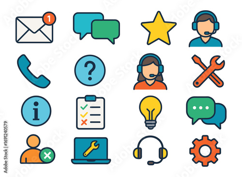 Colorful flat style communication and support icons for digital platforms