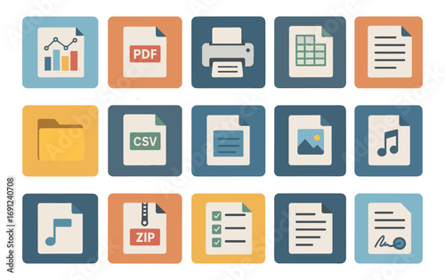 Colorful digital file icons for documents and data management
