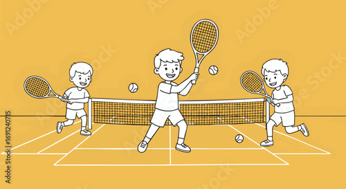 Tennis Fun A Playful Illustration of Kids Enjoying a Tennis Match on a Court