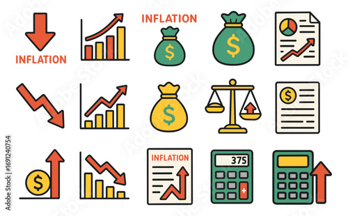 Inflation icons set with charts, money bags, and calculators in flat style