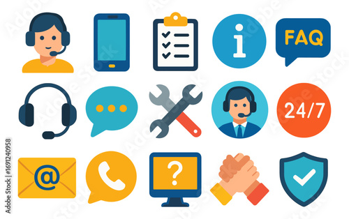 Colorful customer support icons set with communication tools and helpdesk elements