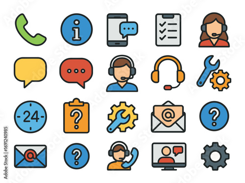 Customer service icons set with flat linear design featuring call center and communication tools