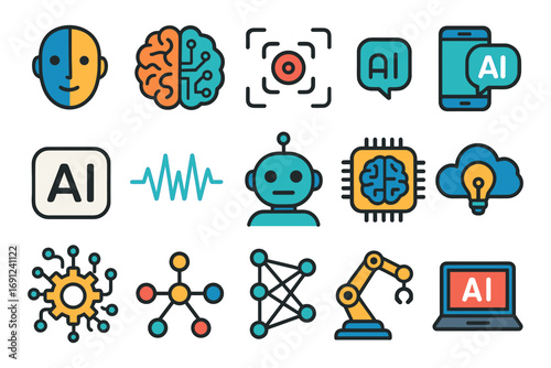 Ai technology icons: robotics, neural networks, and innovation concepts