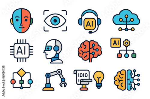 Ai and machine learning icons set featuring robots, cloud, and brain in colorful linear design