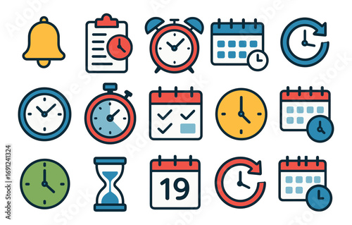 Colorful time management icons with clocks and calendars in flat design