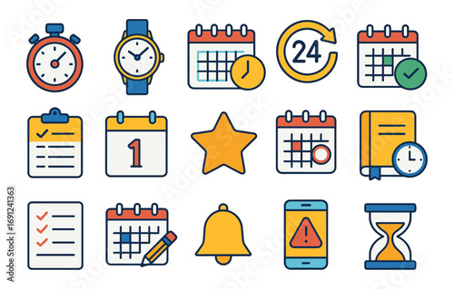 Colorful set of time management and scheduling icons in flat design
