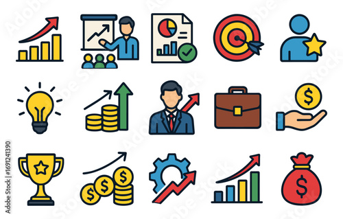 Business and success icons for financial growth and management excellence