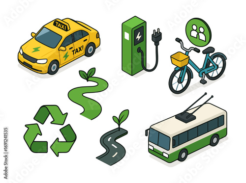 Eco-friendly transport icons: electric vehicles, green energy, and sustainable mobility