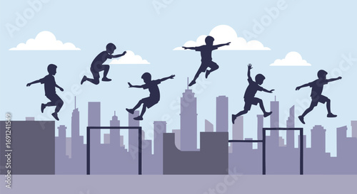 Dynamic silhouettes of agile individuals leaping across urban rooftops, navigating obstacles with skillful precision against a city skyline backdrop, embodying freedom and overcoming challenges