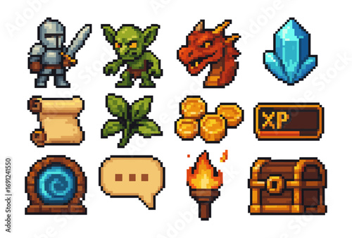 Pixel art fantasy icons: knight, goblin, dragon, gem, scroll, and more