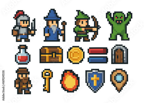 Retro arcade style rpg game icons set with pixel art fantasy characters and items