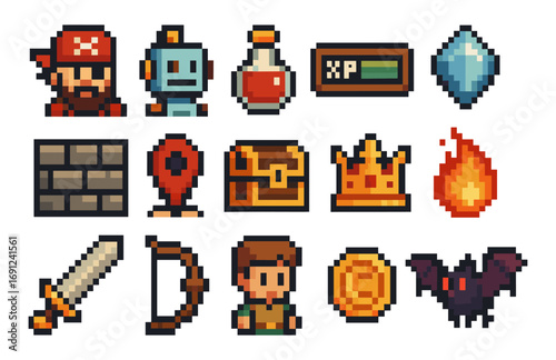 Retro pixel art icons: adventure game characters, items, and tools