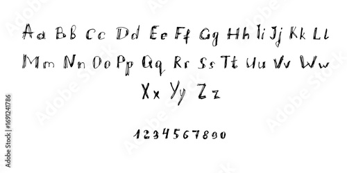 Handwriting English alphabet, font, letters and numbers.