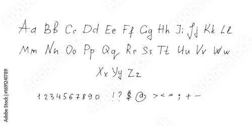 Handwriting English alphabet, font, letters and numbers.