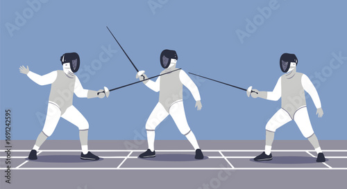 Dynamic illustration of three skilled fencers engaged in an intense, strategic sword fight, highlighting the precision and agility of this elegant combat sport