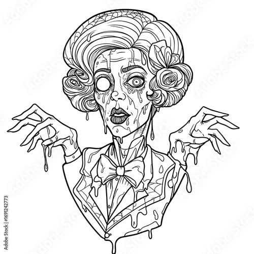 Zombie woman with melting face and spooky expression for Halloween  