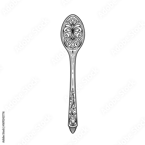 Decorative silver spoon with intricate floral design on white background  