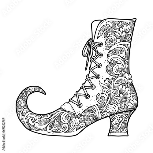 Decorative high-heeled boot with intricate floral patterns  