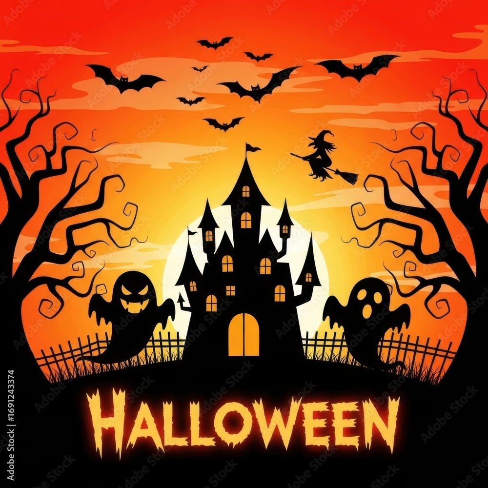 Naklejka premium Spooky halloween castle with ghosts, bats, and witch flying in the night sky