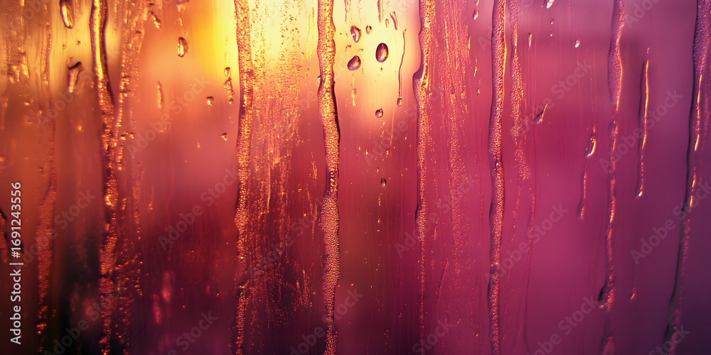 Obraz premium Abstract streaks of water droplets on glass with warm golden and pink light background