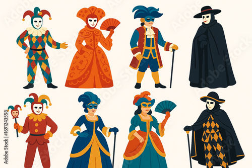 Colorful Venetian carnival illustration with masked characters and elaborate costumes on white background