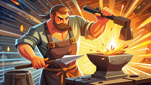 Blacksmith at glowing forge strikes hot iron with hammer. Sparks illuminate workspace, isolated white background symbolizing strength, resilience, and artistry of traditional craftsmanship.
