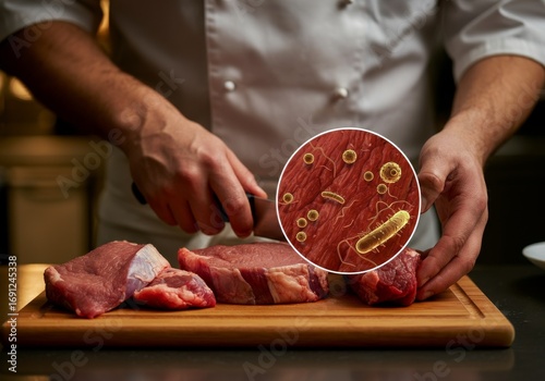Male adult chef in white uniform slicing raw red meat on wooden board with magnified view of bacteria and parasites highlighting food contamination risk