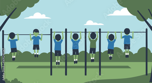 Children exercising on a pull-up bar outdoors in a park, promoting healthy activity and childhood fitness development