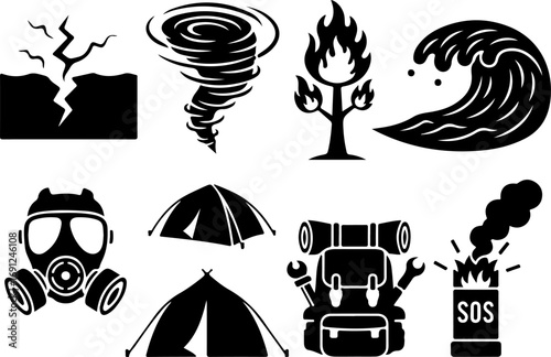 Collection of disaster and survival icons in silhouette style