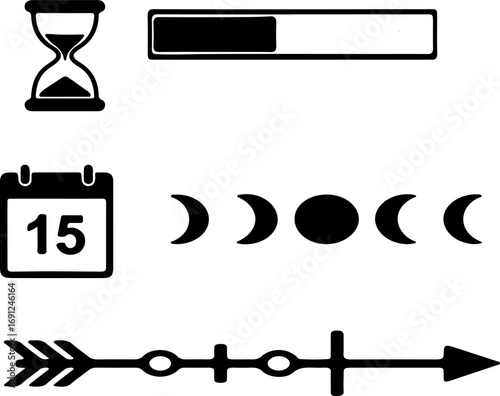 Collection of simple black and white icons representing time and cycles silhouette