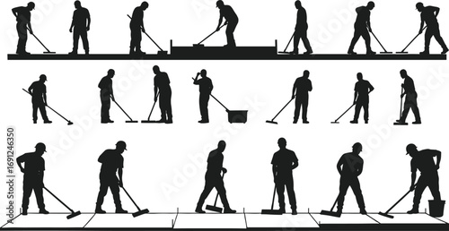 Construction workers leveling concrete floor, silhouette set, manual labor, trowel tools, floor screeding, cement work, isolated on white background.