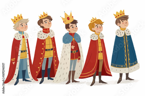 Illustration of five young kings standing in a row wearing crowns and royal robes with different colors