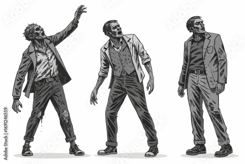 Three grayscale zombies in tattered business casual attire standing in various poses on a white background