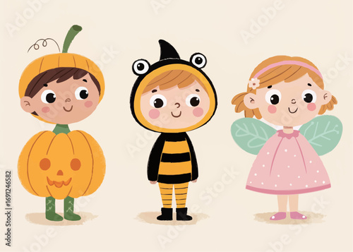 Three children dressed in halloween costumes pumpkin bee and fairy standing side by side on a light background