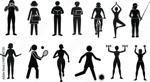 Collection of black silhouette icons of people engaged in hobbies and fitness vector