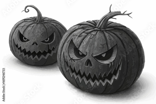 Two spooky jack o lanterns with menacing carved faces for halloween decoration and celebration mood